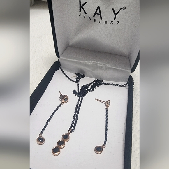 Kay, Bezel-Set Black Diamond, Rose Gold Drop Earrings & Necklace Set - Picture 2 of 8